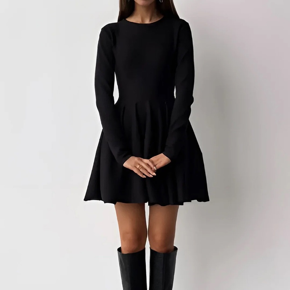 Commense Black Long-Sleeve Fit & Flare Dress
